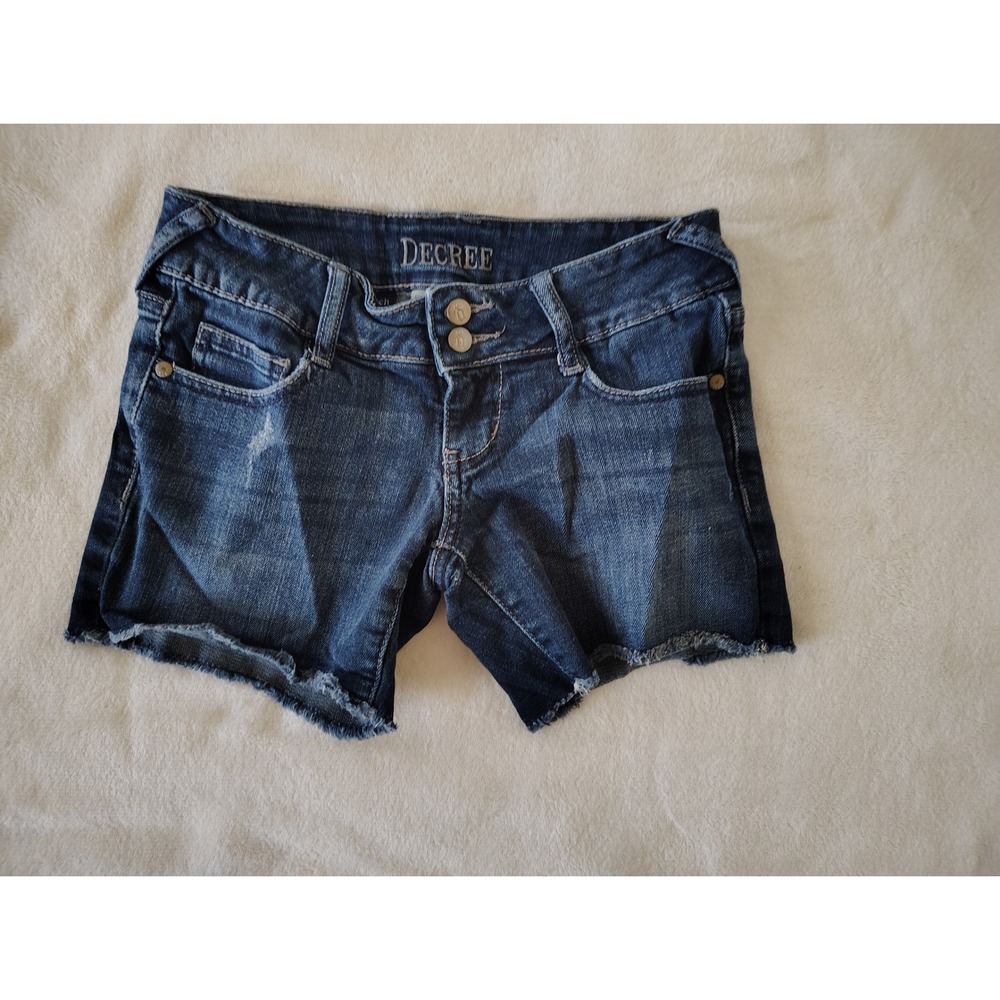 Decree Dark Wash Denim Cut Off Shorts Size 0 Stretch Frayed Hem Distress